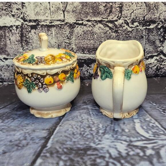 Vintage 1950's Lefton Japan Fruit Porcelain Pedestal Sugar with lid and Creamer - Picture 2 of 7